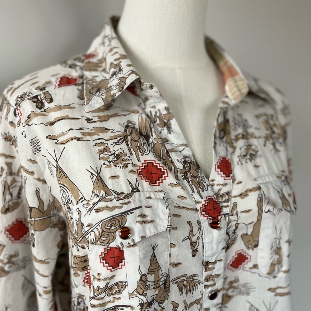 Tasha Polizzi Western Print Rolled Sleeve Tunic With Pockets White Brown Size M - Picture 7 of 16